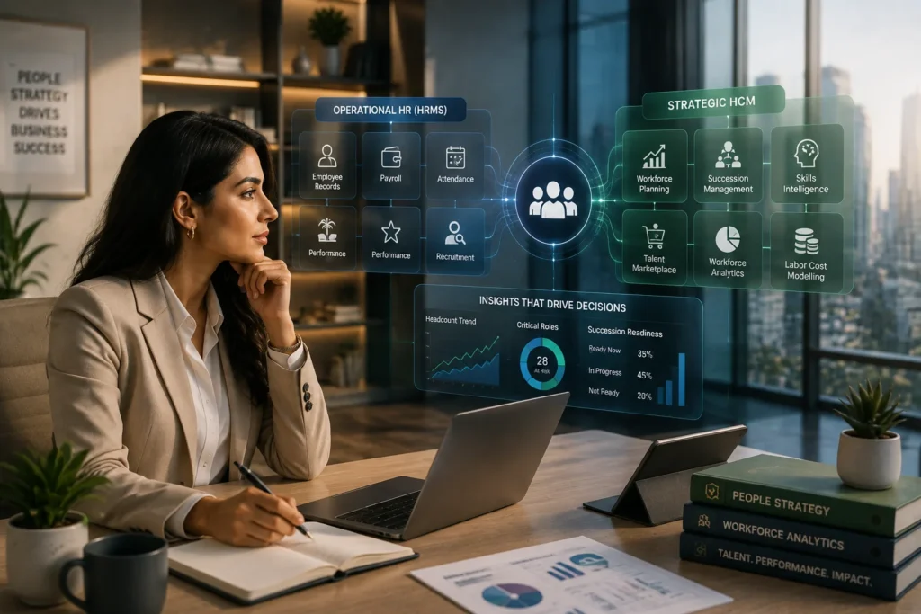 HR professional comparing operational HRMS and strategic HCM software capabilities
