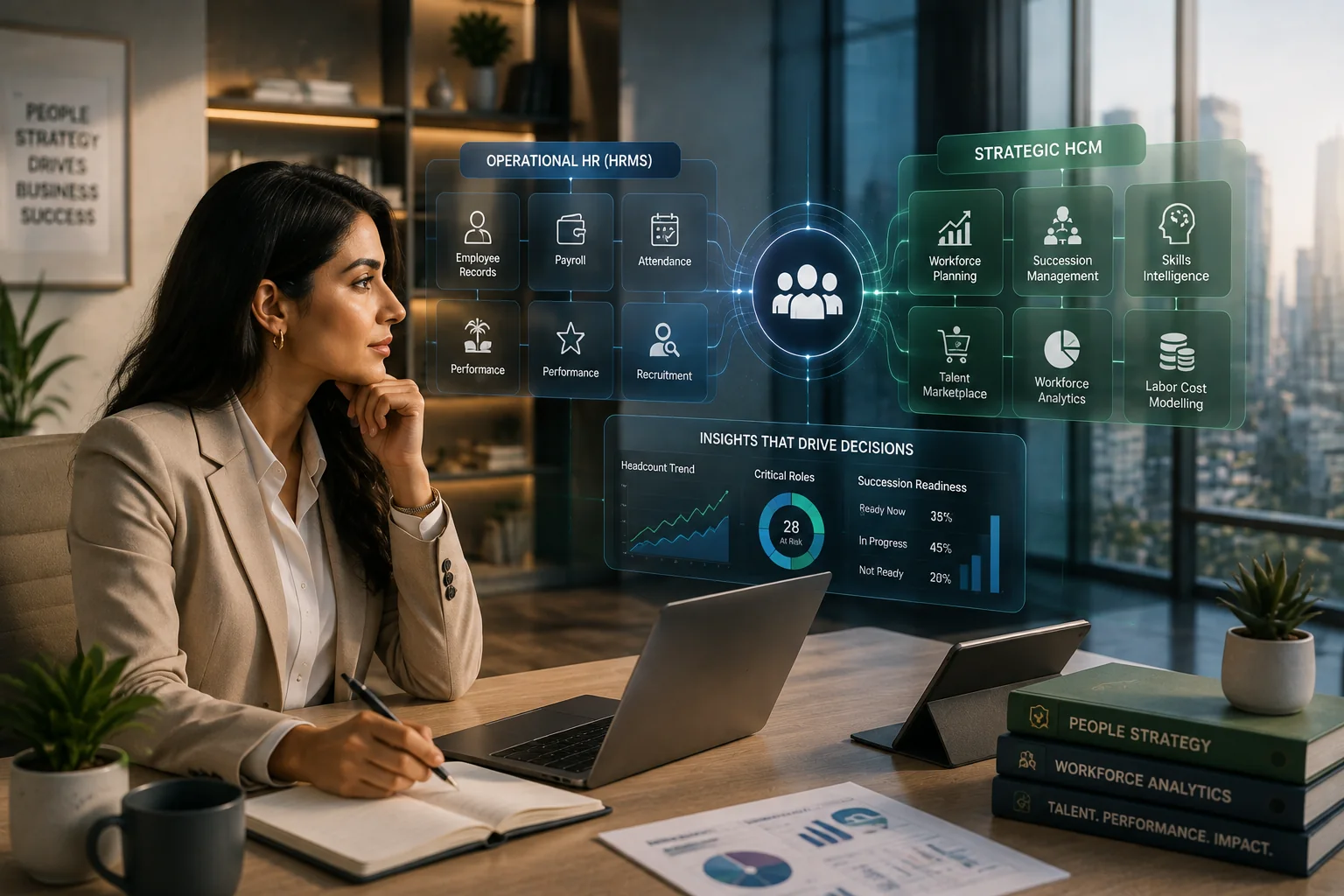 HR professional comparing operational HRMS and strategic HCM software capabilities