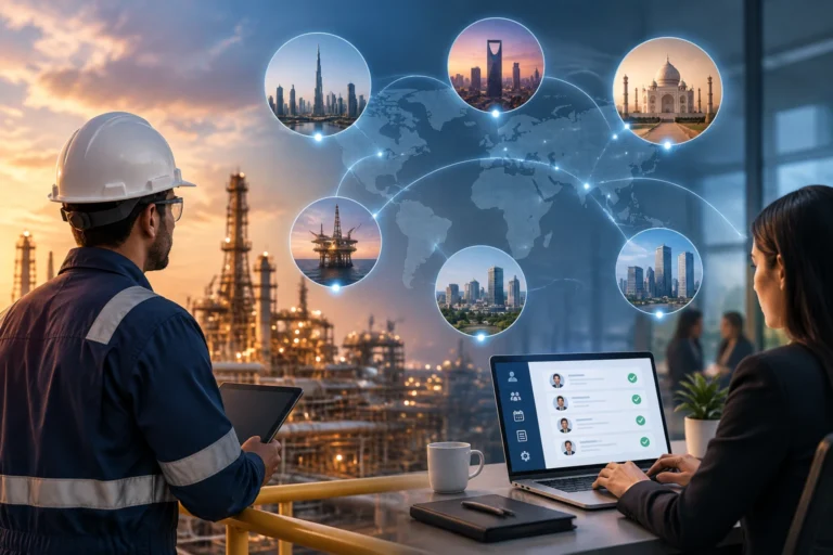 Oil and gas worker and HR professional connected across global operations