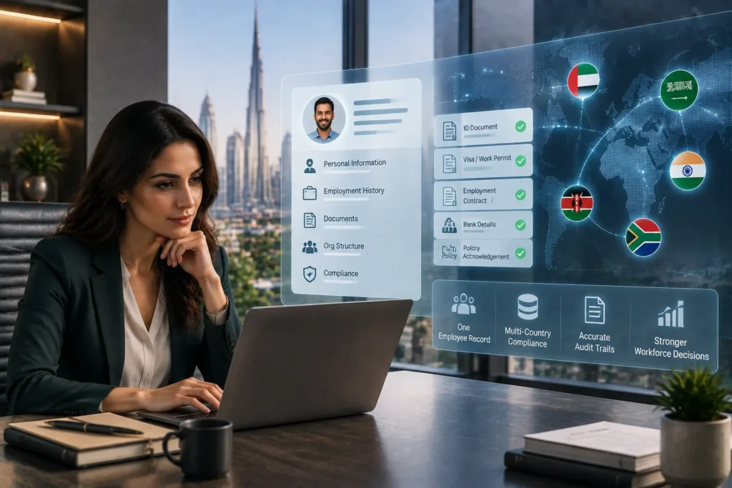 Employee database management for multi-country HR records across UAE, Saudi Arabia, India, Kenya and South Africa