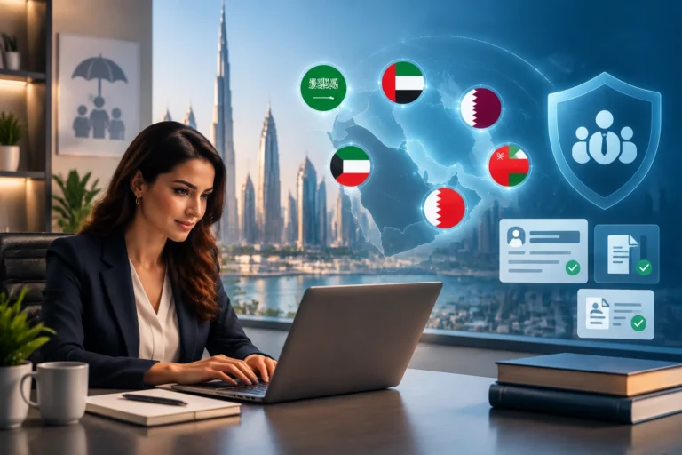 Insurance HR professional with a map of six GCC countries and digital payroll records