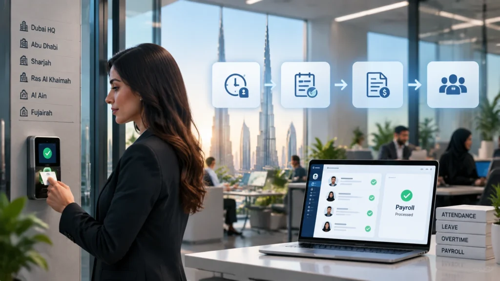 Employee clocks in at a UAE office beside a dashboard showing attendance flowing into payroll