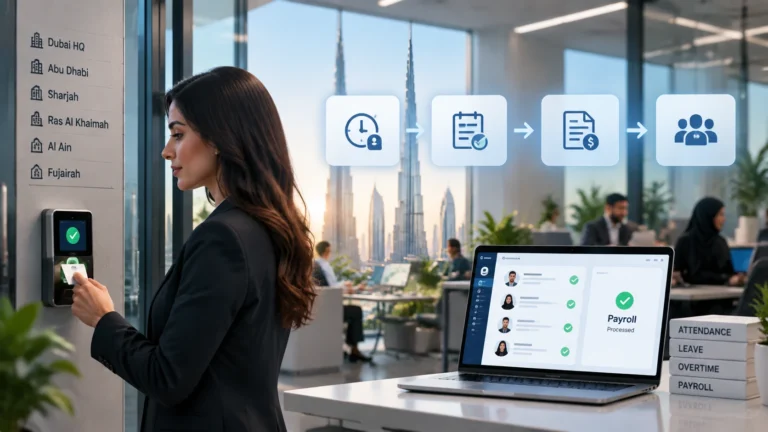 Employee clocks in at a UAE office beside a dashboard showing attendance flowing into payroll