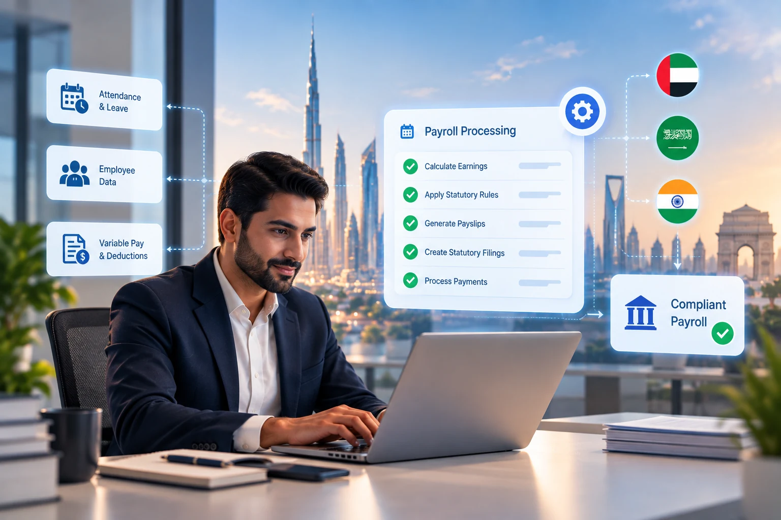 Payroll automation connecting attendance, employee data and variable pay to compliant payroll across the UAE, Saudi Arabia and India