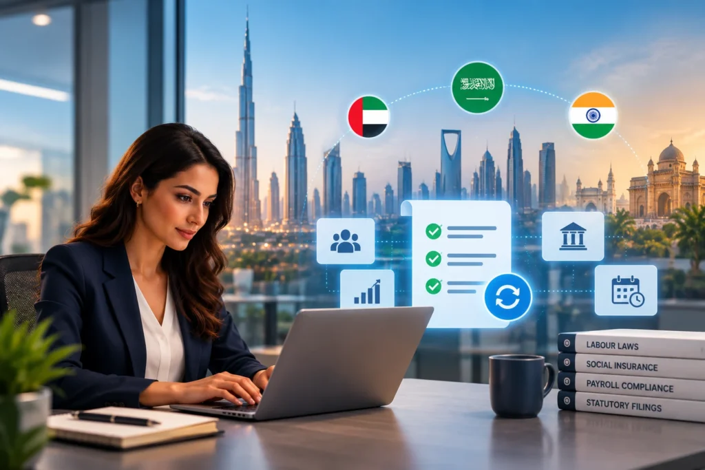 HR professional using statutory compliance automation to manage payroll regulations across the UAE, Saudi Arabia and India